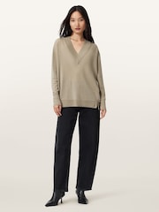 AllSaints Grey Bern Panel V-Neck Jumper - Image 5 of 9