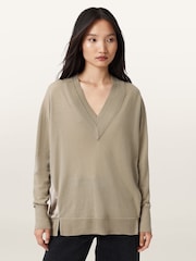 AllSaints Grey Bern Panel V-Neck Jumper - Image 8 of 9