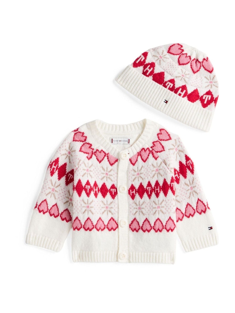 Tommy Hilfiger White Fair Isle Cardigan And Beanie Gift Set - Image 1 of 2 Tommy Hilfiger White Fair Isle Cardigan And Beanie Gift Set - Image 1 of 2