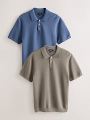 Bleu/marron - Textured Knitted Polo Shirts 2 Pack - Image 1 de 11