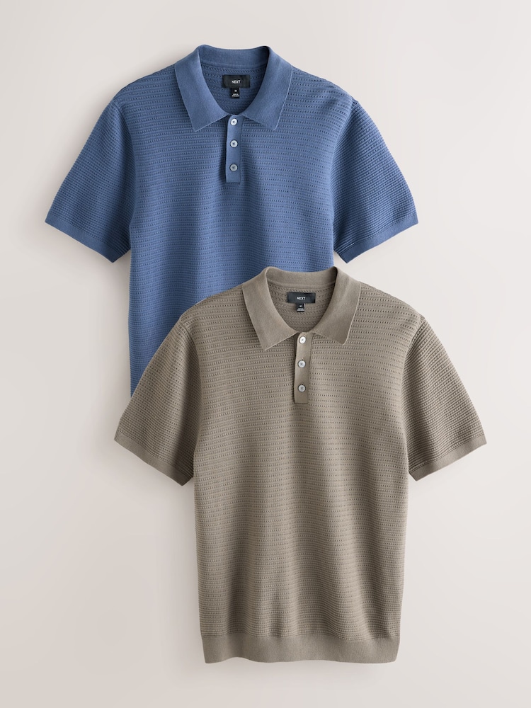 Bleu/marron - Textured Knitted Polo Shirts 2 Pack - Image 1 de 11