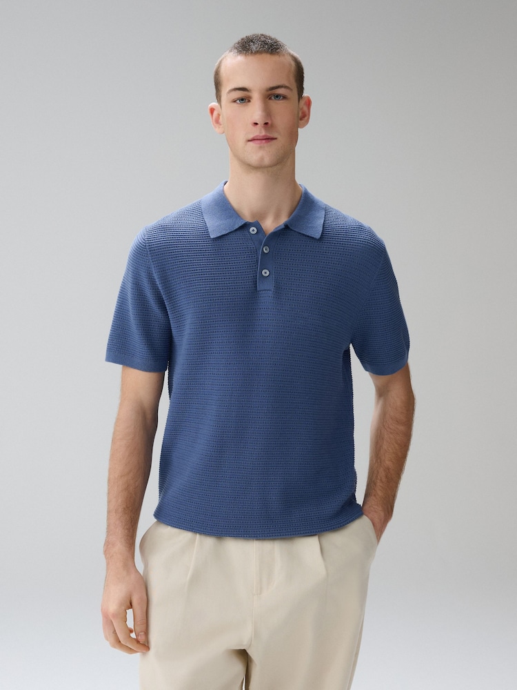 Bleu/marron - Textured Knitted Polo Shirts 2 Pack - Image 2 de 11