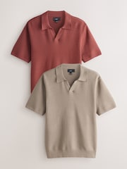 Red/Brown Textured Knit Short Sleeve Trophy Neck Polo Shirts 2 Pack - Image 1 of 5