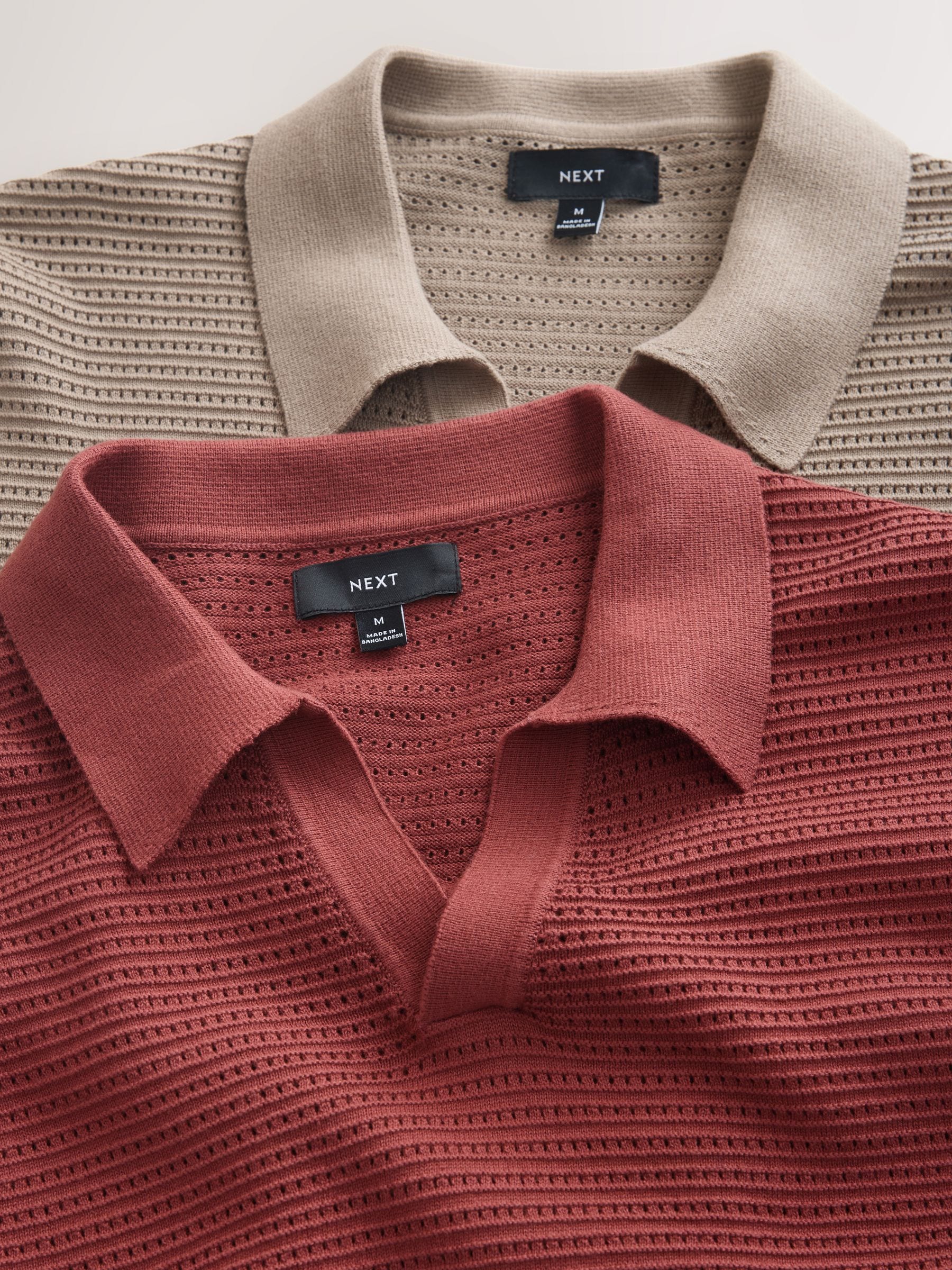 Buy Red/Neutral Trophy Neck 100% Cotton Textured Knitted Polo