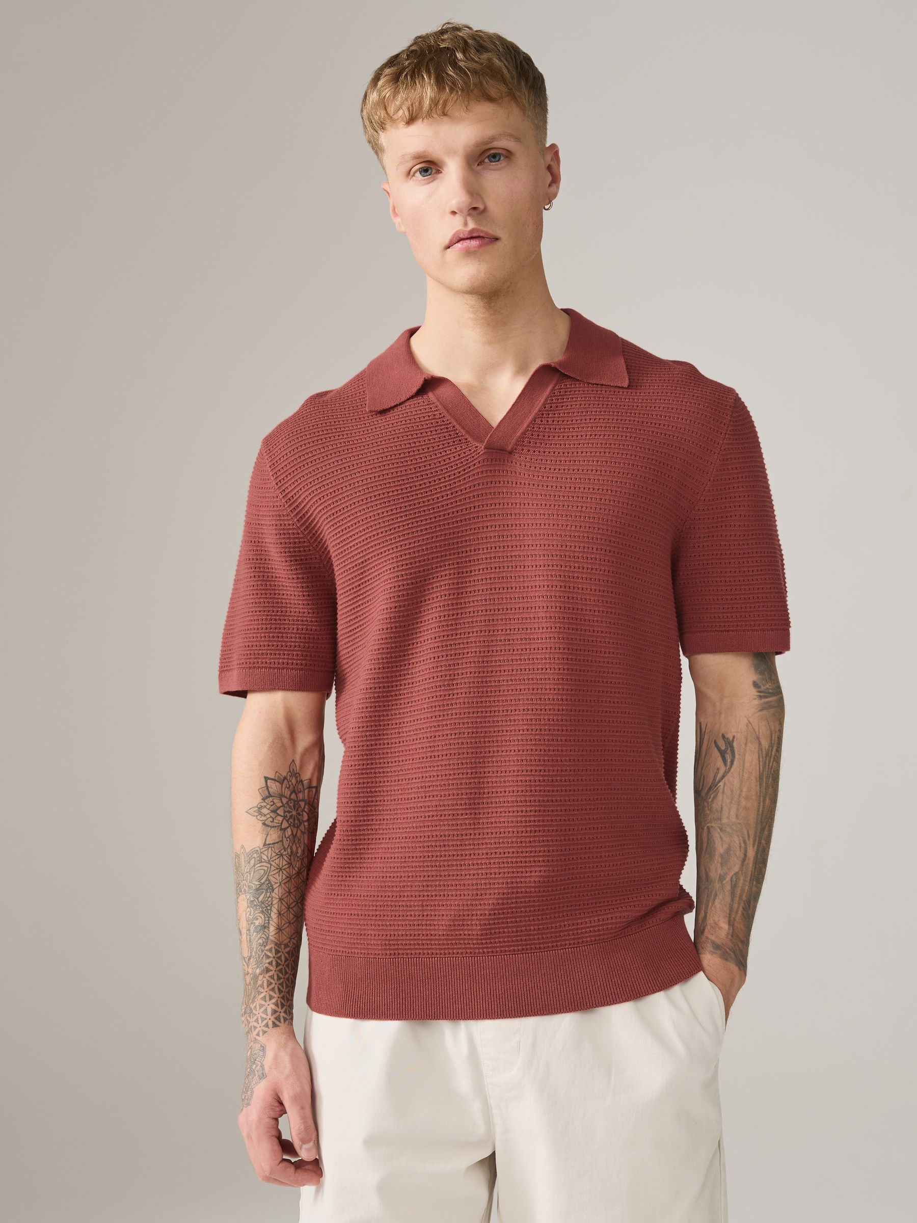 Buy Red/Neutral Trophy Neck 100% Cotton Textured Knitted Polo