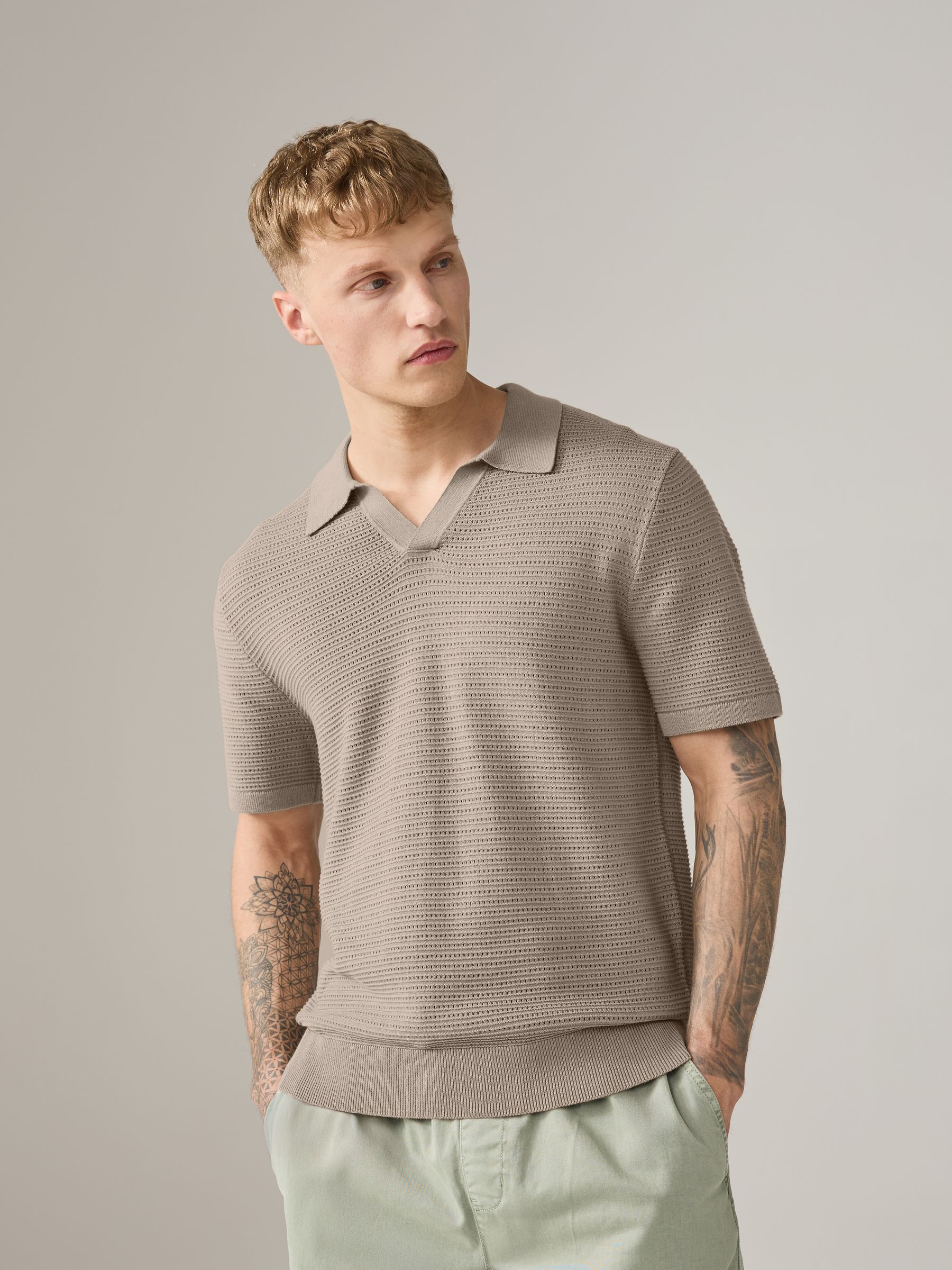 Buy Red/Neutral Trophy Neck 100% Cotton Textured Knitted Polo