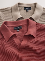 Red/Brown Textured Knit Short Sleeve Trophy Neck Polo Shirts 2 Pack - Image 4 of 5