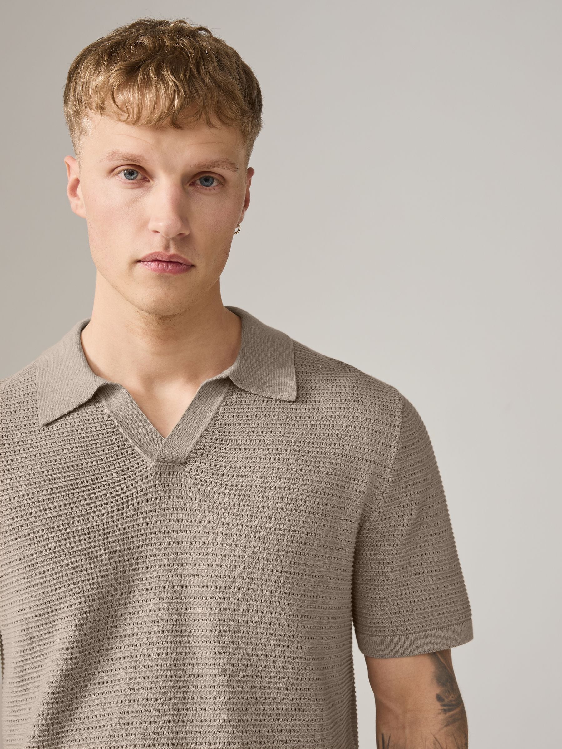 Buy Red/Neutral Trophy Neck 100% Cotton Textured Knitted Polo