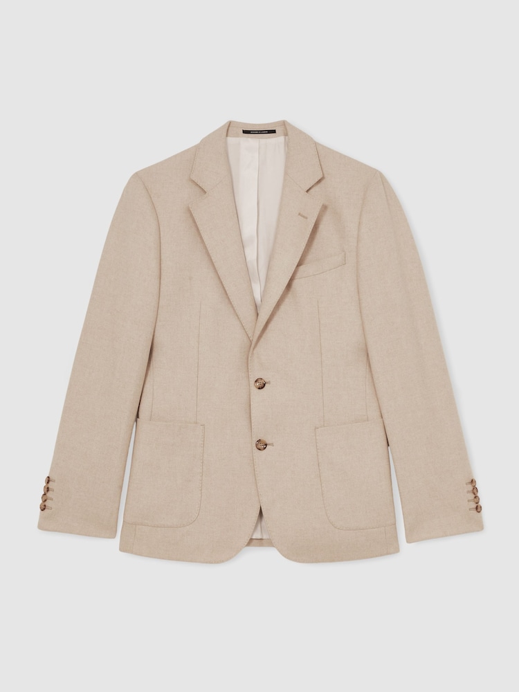 Reiss Oatmeal Brown Carson Flannel Slim-Fit Single-Breasted Blazer with Wool - Image 2 of 6 Reiss Oatmeal Brown Carson Flannel Slim-Fit Single-Breasted Blazer with Wool - Image 2 of 6