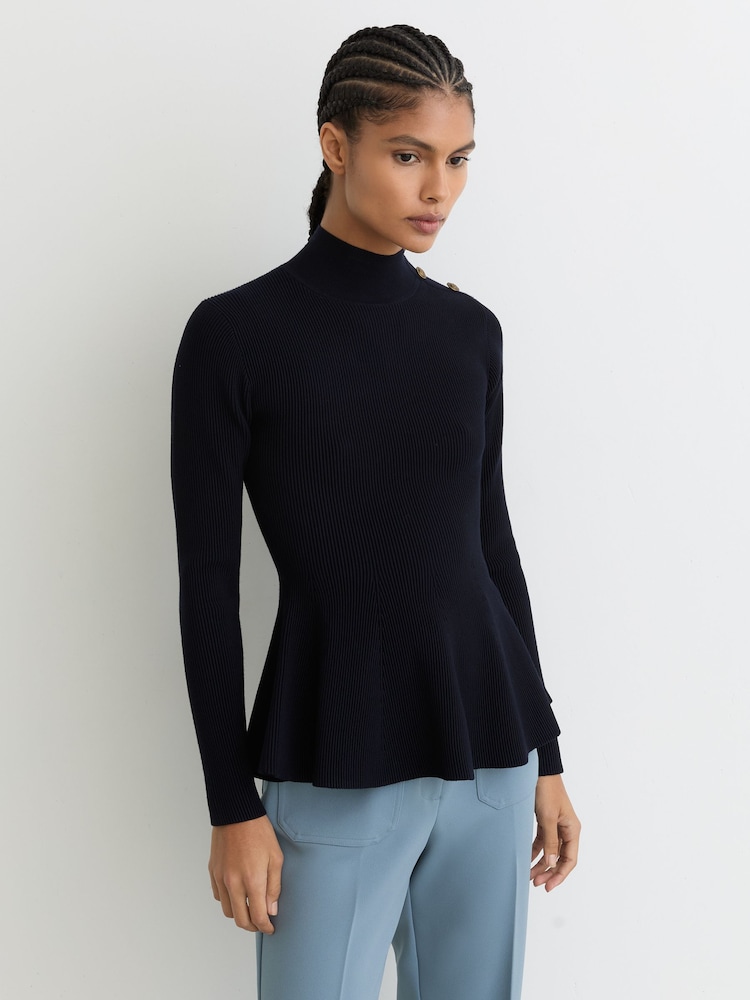 Reiss Navy Isabella Rib-Knit High-Neck Peplum Top - Image 1 of 6 Reiss Navy Isabella Rib-Knit High-Neck Peplum Top - Image 1 of 6