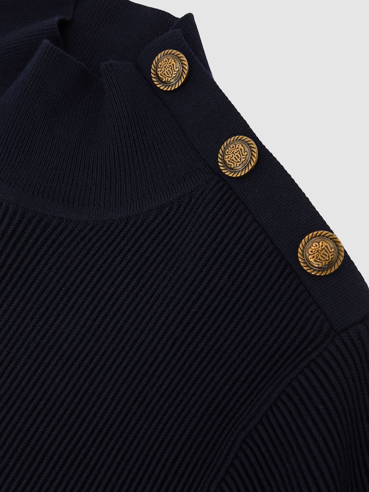 Reiss Navy Isabella Rib-Knit High-Neck Peplum Top - Image 6 of 6 Reiss Navy Isabella Rib-Knit High-Neck Peplum Top - Image 6 of 6