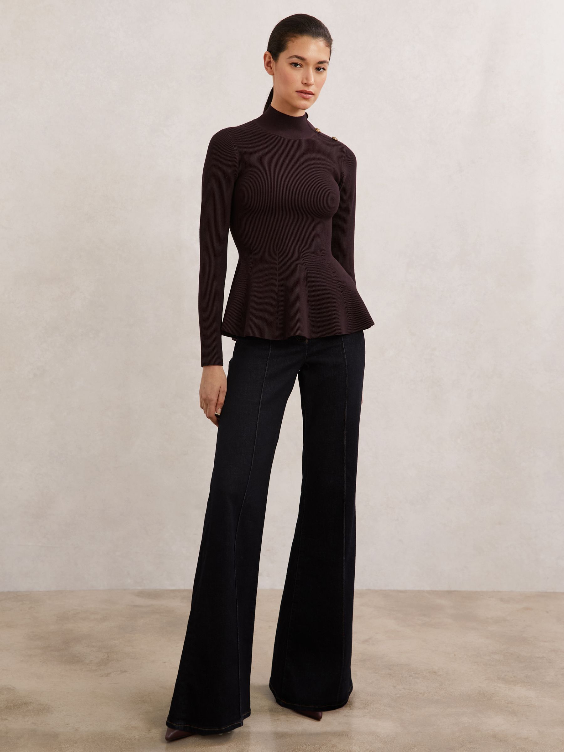 Buy Reiss Burgundy Isabella Rib-Knit High-Neck Peplum Top from