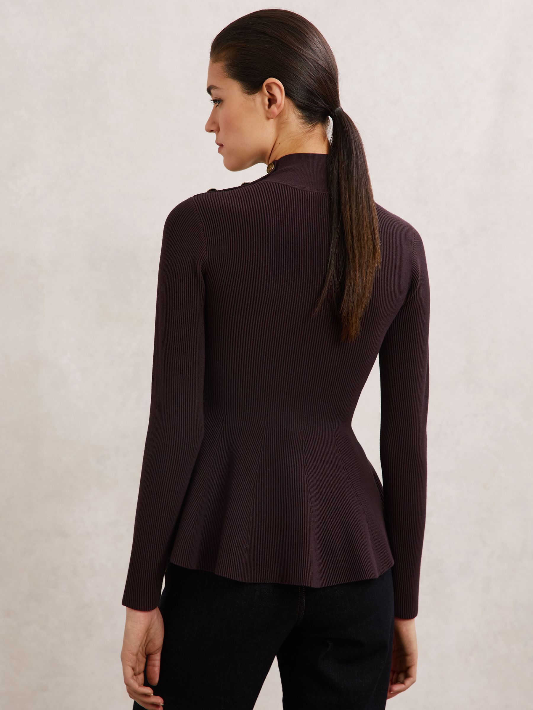 Buy Reiss Burgundy Isabella Rib-Knit High-Neck Peplum Top from