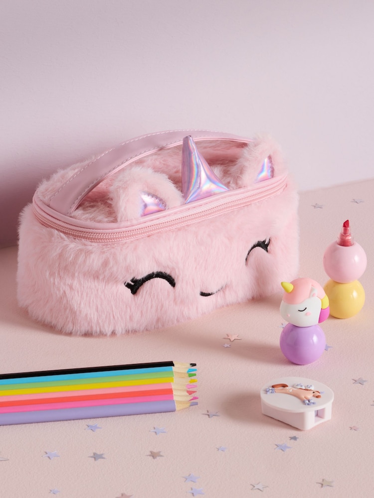 Pink Soft Fluffy Unicorn Filled Pencil Case - Image 1 of 3
