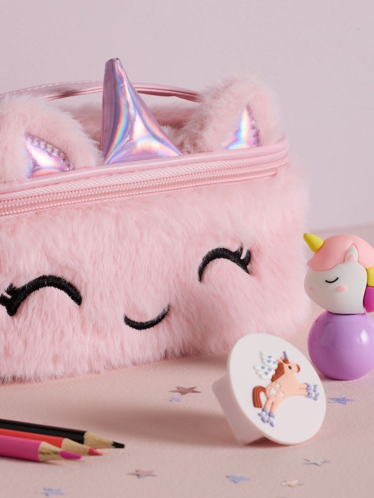 Pink Soft Fluffy Unicorn Filled Pencil Case - Image 3 of 3