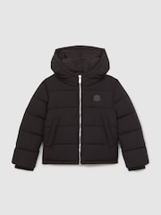 Reiss Black Myles 13-14 yrs Monogram Hooded Relaxed Puffer Jacket - Image 1 of 4