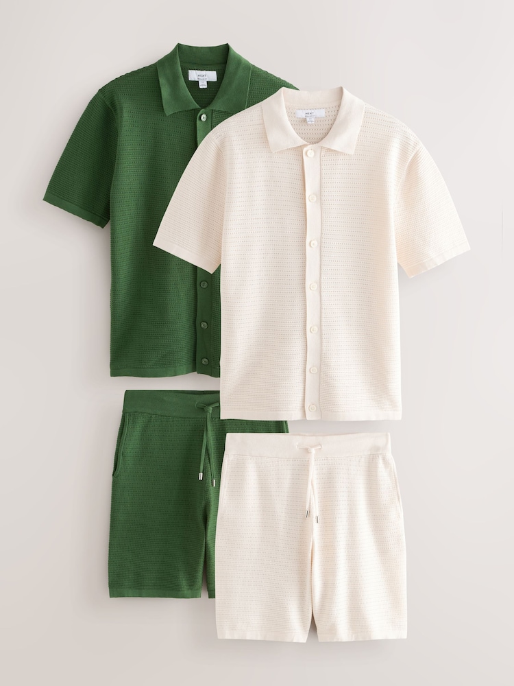 Green/White Textured Knitted Shirts and Shorts Set 2 Pack - Image 1 of 13