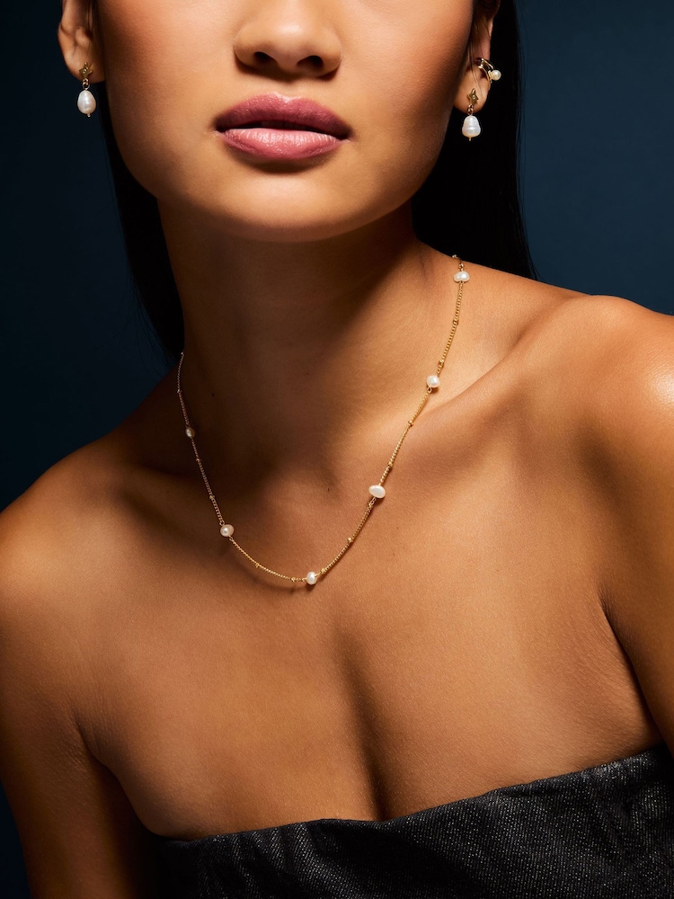 Accessorize Gold Tone 14ct Plated Pearl Station Necklace - Image 2 of 2 Accessorize Gold Tone 14ct Plated Pearl Station Necklace - Image 2 of 2