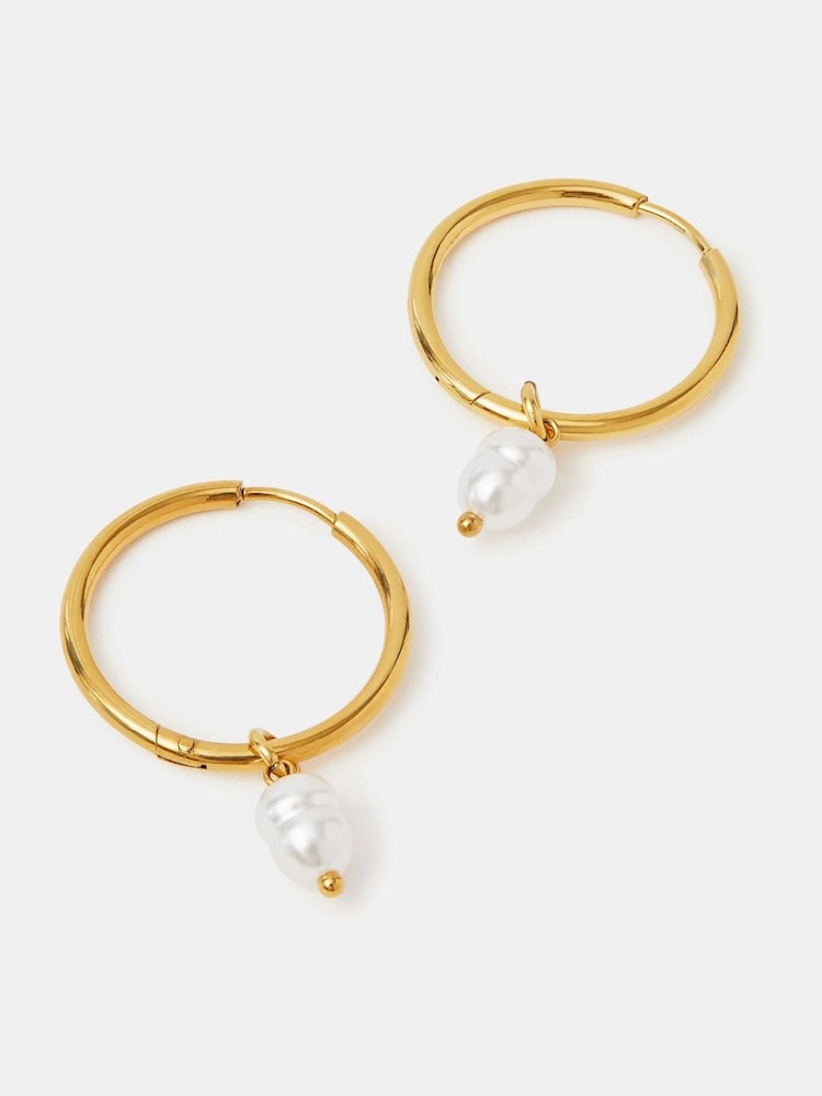 Accessorize 14ct Gold Stainless Steel Pearl Hoop Earrings - Image 1 of 2