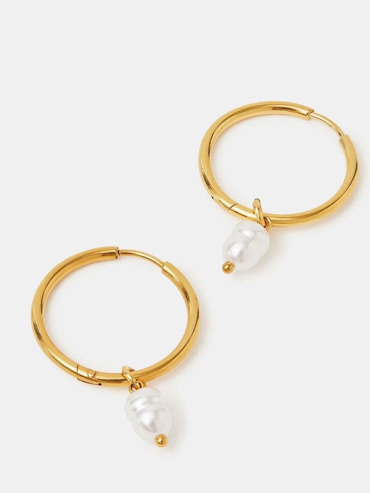 Accessorize 14ct Gold Stainless Steel Pearl Hoop Earrings - Image 2 of 2