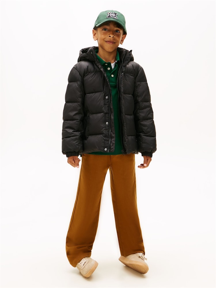 Tommy Hilfiger Black Mixed Texture Hooded Puffer Jacket - Image 1 of 6 Tommy Hilfiger Black Mixed Texture Hooded Puffer Jacket - Image 1 of 6