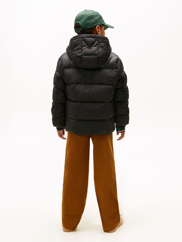 Tommy Hilfiger Black Mixed Texture Hooded Puffer Jacket - Image 2 of 6 Tommy Hilfiger Black Mixed Texture Hooded Puffer Jacket - Image 2 of 6