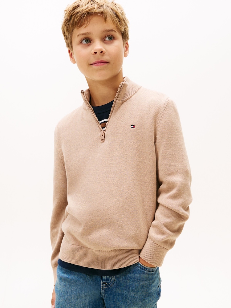 Tommy Hilfiger Brown Essential Half-Zip Jumper - Image 1 of 5 Tommy Hilfiger Brown Essential Half-Zip Jumper - Image 1 of 5