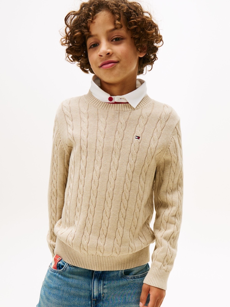 Tommy Hilfiger Cream Cable Knit Crew Neck Jumper - Image 1 of 5 Tommy Hilfiger Cream Cable Knit Crew Neck Jumper - Image 1 of 5