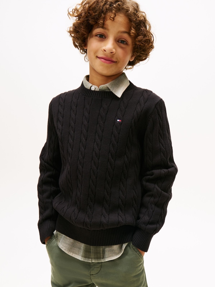 Tommy Hilfiger Black Cable Knit Crew Neck Jumper - Image 1 of 5 Tommy Hilfiger Black Cable Knit Crew Neck Jumper - Image 1 of 5