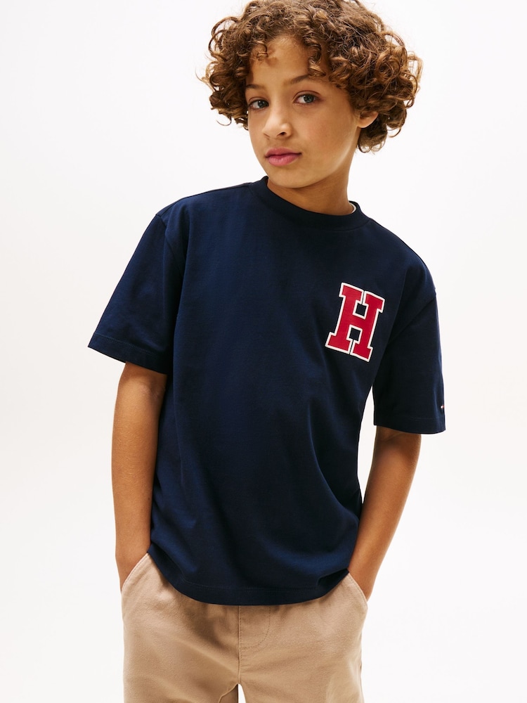 Tommy Hilfiger Blue Varsity Back Logo Crew Neck T-Shirt - Image 1 of 5 Tommy Hilfiger Blue Varsity Back Logo Crew Neck T-Shirt - Image 1 of 5