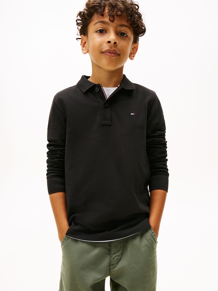Tommy Hilfiger Black Regular Fit Pique Long Sleeve Polo Shirt - Image 1 of 5 Tommy Hilfiger Black Regular Fit Pique Long Sleeve Polo Shirt - Image 1 of 5