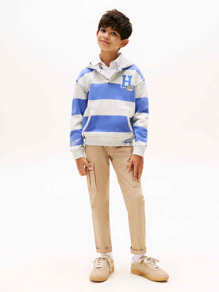 Tommy Hilfiger Blue Varsity Stripe Concealed Placket Hoodie - Image 2 of 5 Tommy Hilfiger Blue Varsity Stripe Concealed Placket Hoodie - Image 2 of 5