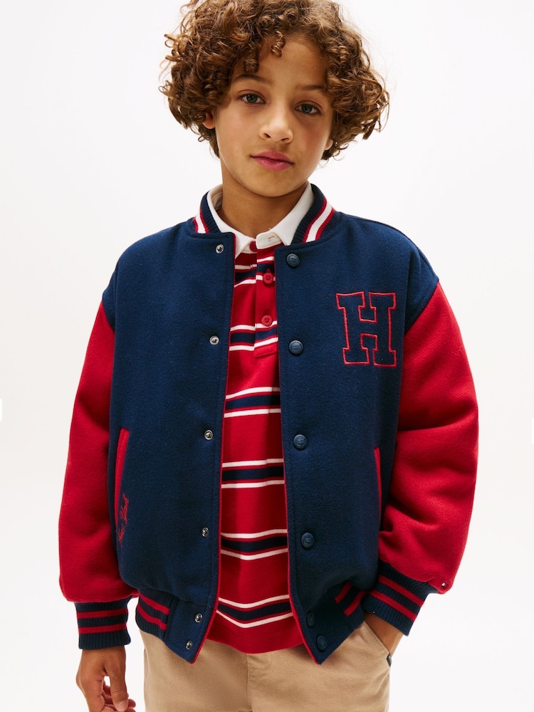 Tommy Hilfiger Blue Reversible Wool Blend Relaxed Bomber Jacket - Image 1 of 6 Tommy Hilfiger Blue Reversible Wool Blend Relaxed Bomber Jacket - Image 1 of 6
