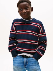 Tommy Hilfiger Blue Cardigan Stitch Crew Neck Jumper - Image 1 of 5