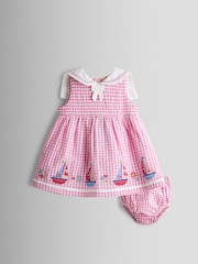 JoJo Maman Bébé Pink Gingham Nautical Embroidered Sailor Baby Dress - Image 1 of 7