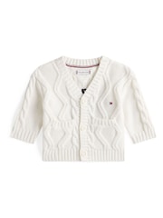 Tommy Hilfiger White Intarsia Back Logo Mixed Knit Cardigan - Image 1 of 2