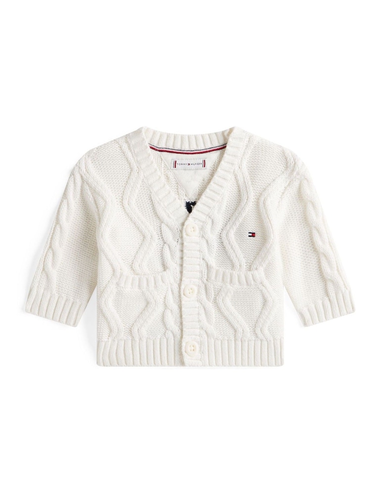 Tommy Hilfiger White Intarsia Back Logo Mixed Knit Cardigan - Image 1 of 2