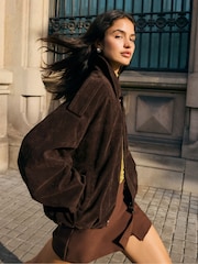 Friends Like These Chocolate Brown Faux Suede Bomber Jacket - Image 1 of 4