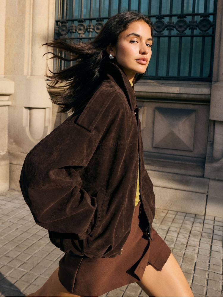 Friends Like These Chocolate Brown Faux Suede Bomber Jacket - Image 1 of 4 Friends Like These Chocolate Brown Faux Suede Bomber Jacket - Image 1 of 4