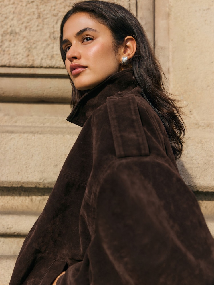 Friends Like These Chocolate Brown Faux Suede Bomber Jacket - Image 2 of 4 Friends Like These Chocolate Brown Faux Suede Bomber Jacket - Image 2 of 4