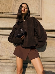 Friends Like These Chocolate Brown Faux Suede Bomber Jacket - Image 3 of 4