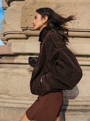 Friends Like These Chocolate Brown Faux Suede Bomber Jacket - Image 4 of 4