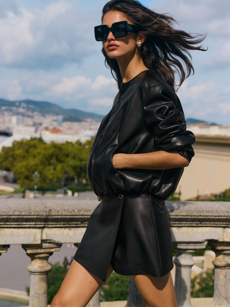 Friends Like These Black Faux Leather Collarless Bubble Hem Jacket - Image 2 of 4