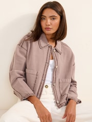 Friends Like These Short Collared Stitch Detail Denim Jacket - תמונה 1 מתוך 4