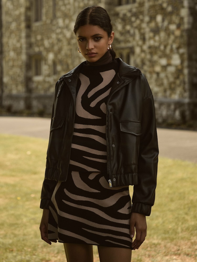 Apricot Black Zebra Jacquard Aline Knit Skirt - Image 1 of 5 Apricot Black Zebra Jacquard Aline Knit Skirt - Image 1 of 5