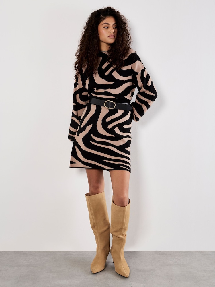 Apricot Black Zebra Jacquard Aline Knit Skirt - Image 2 of 5 Apricot Black Zebra Jacquard Aline Knit Skirt - Image 2 of 5