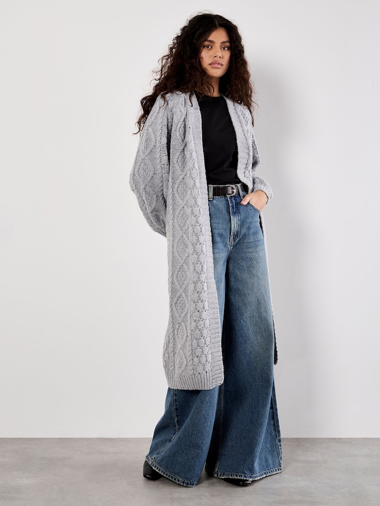 Apricot Grey Cable Knit Open Midi Cardigan - Image 2 of 5 Apricot Grey Cable Knit Open Midi Cardigan - Image 2 of 5