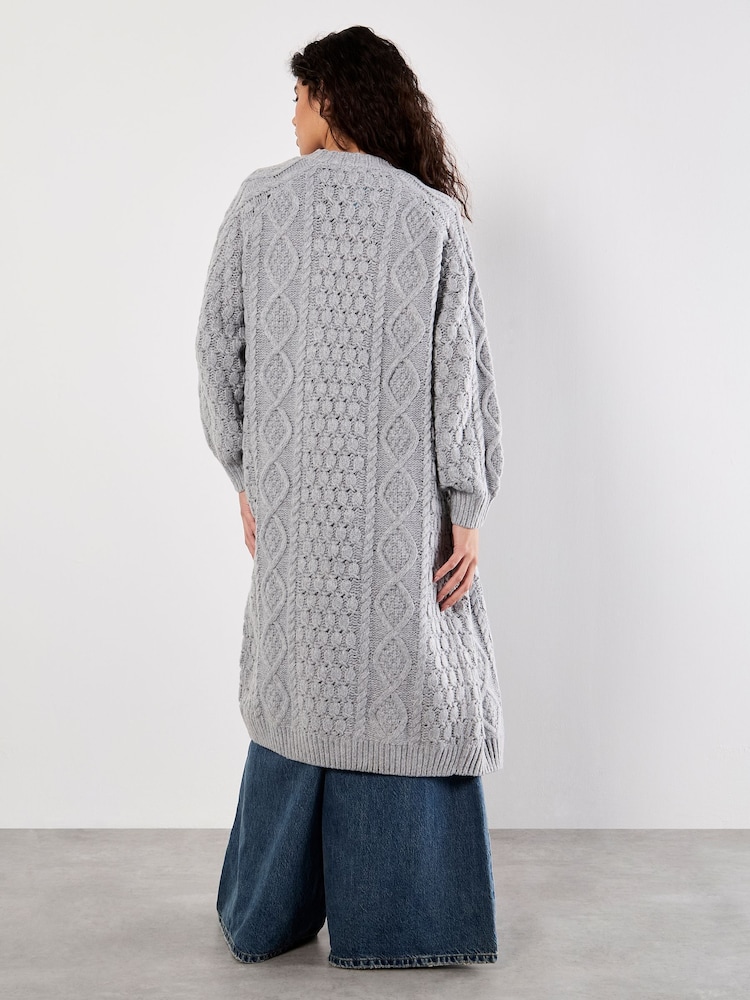 Apricot Grey Cable Knit Open Midi Cardigan - Image 5 of 5