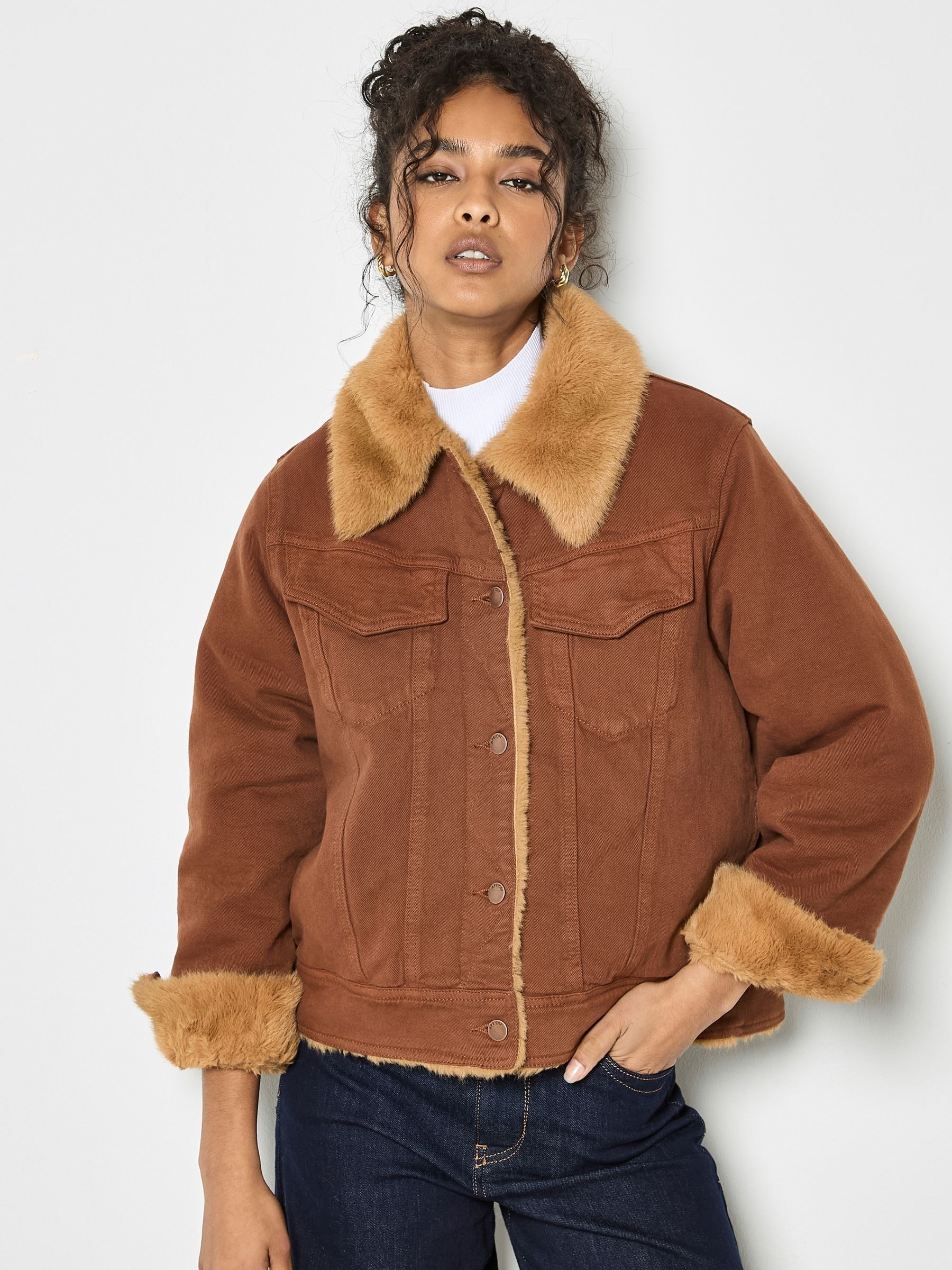 Buy Apricot Brown Colour Denim Trucker Fur Jacket from Next South