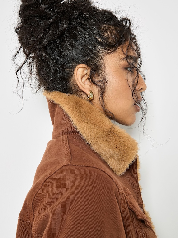 Apricot Brown Colour Denim Trucker Fur Jacket - Image 2 of 5